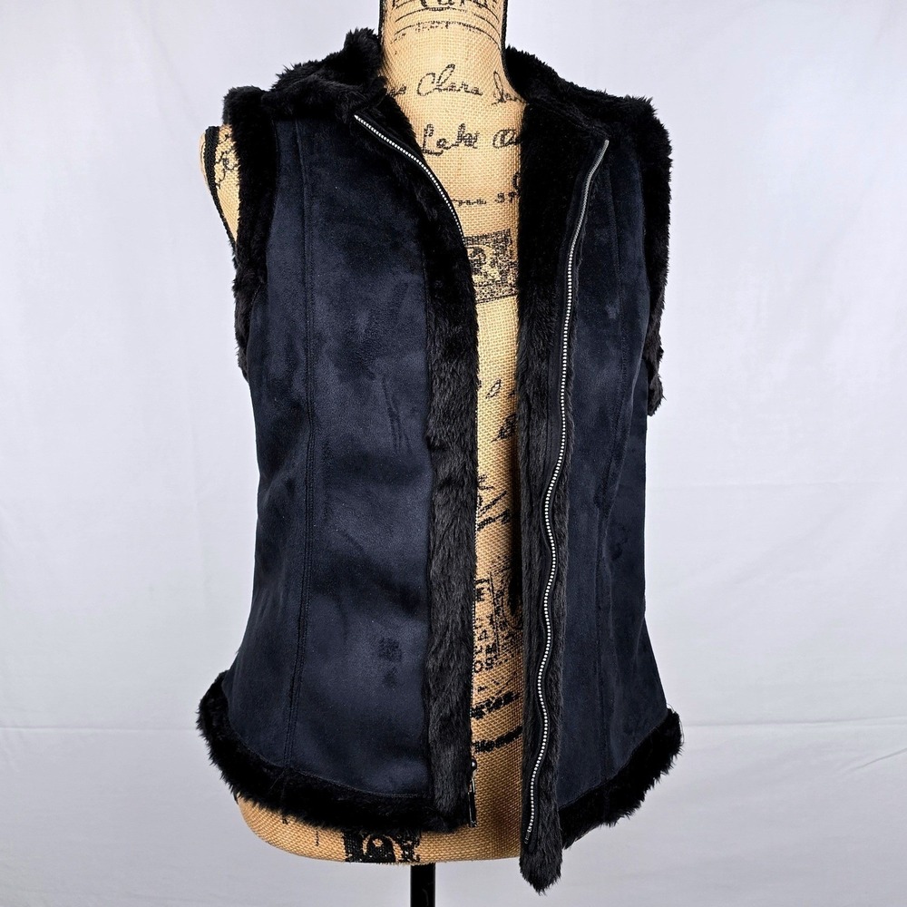 Cute Chaps Womens Black Faux Suede Fur Trim Lined Vest Full Zip Size Medium
